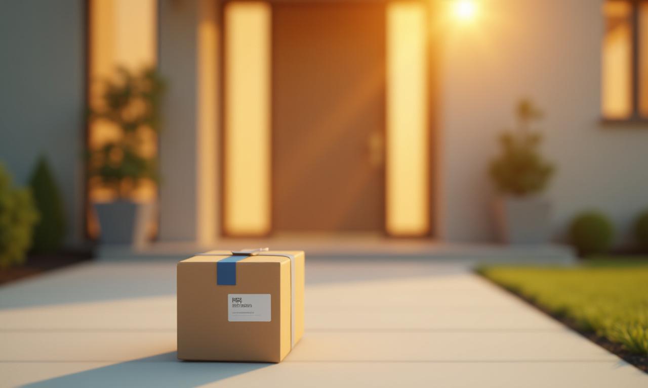 A professionally packed e-commerce order being delivered to a customer doorstep