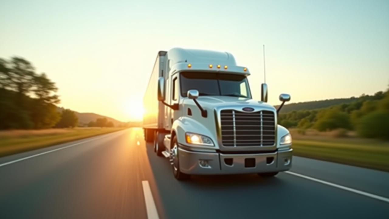 Protected Path Logistics long-haul truck on a highway at sunrise