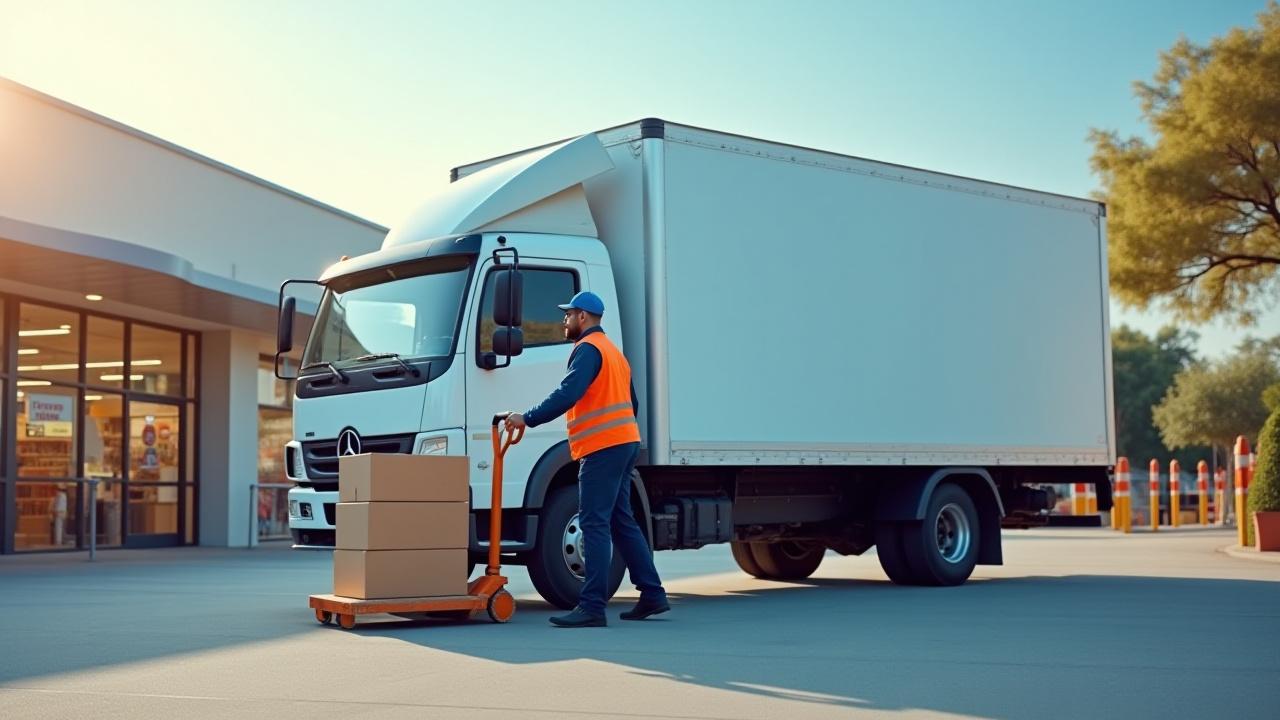 Professional delivery driver unloading fresh inventory at a retail store back corridor
