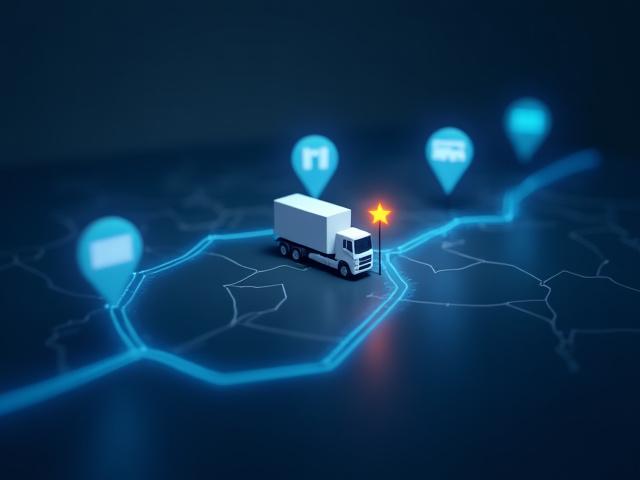 Sophisticated logistics map showing a delivery vehicle servicing multiple regional stores in a logical loop