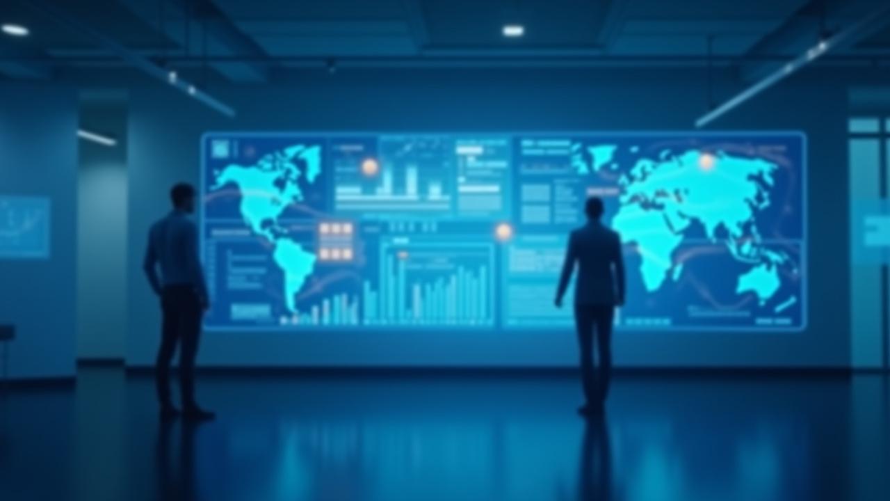A modern digital logistics control tower interface showing supply chain data and global transport routes